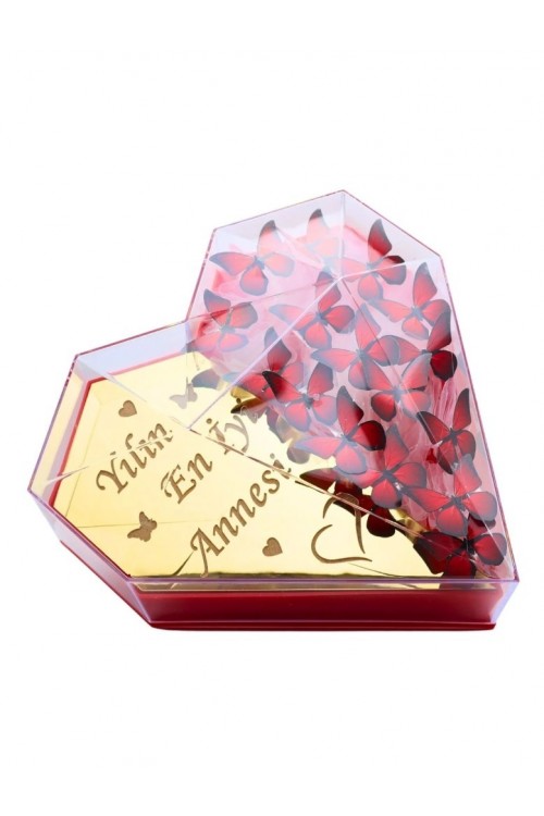 ''Yılın En İyi Anneai'' Yazılı Annelere Özel Işıklı Kelebekli Kalpli Kutu