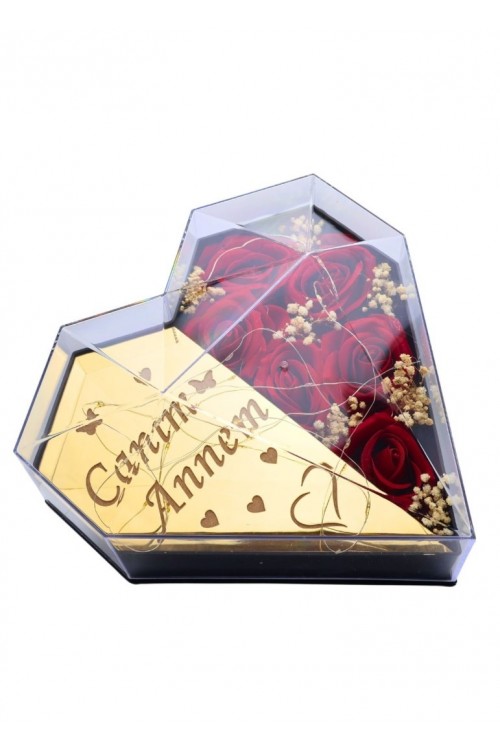 ''Canım Annem'' Yazılı Annelere Özel Işıklı Pleksili Kalpli Kutu