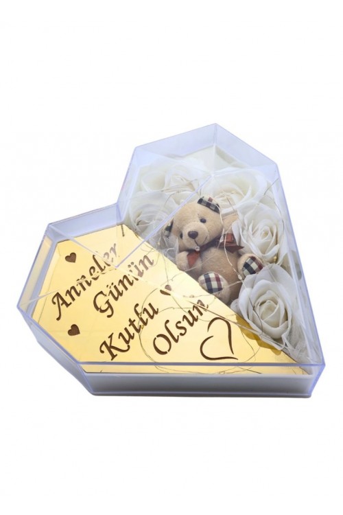''Anneler Günün Kutlu Olsun'' Yazılı Anneler Gününe Özel Işıklı Ayıcıklı Kalpli Kutu