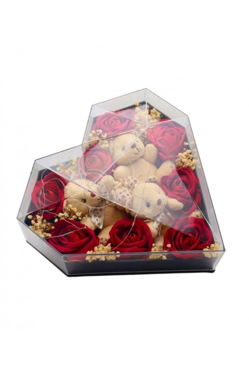 Sevdiklerinize Özel Ayıcıklı Kalpli Kutuda Kırmızı Gül